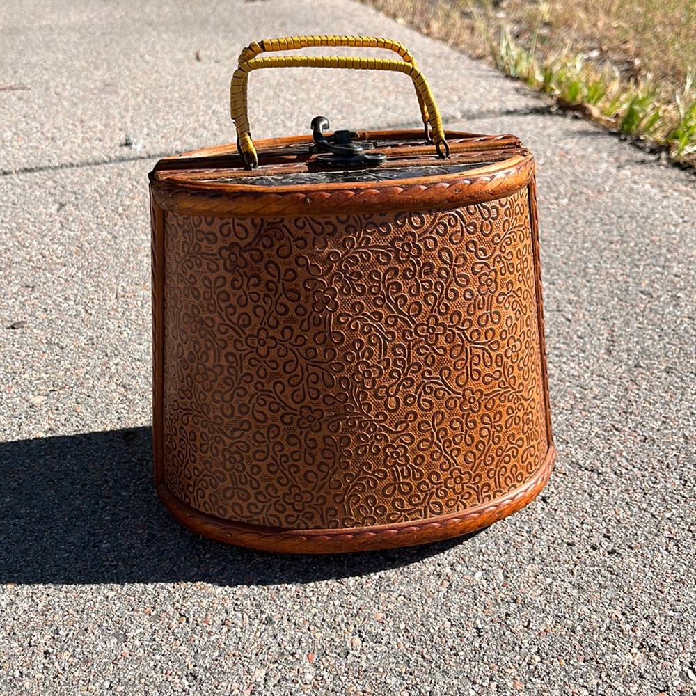 Rare Embossed leather, metal and wood purse.